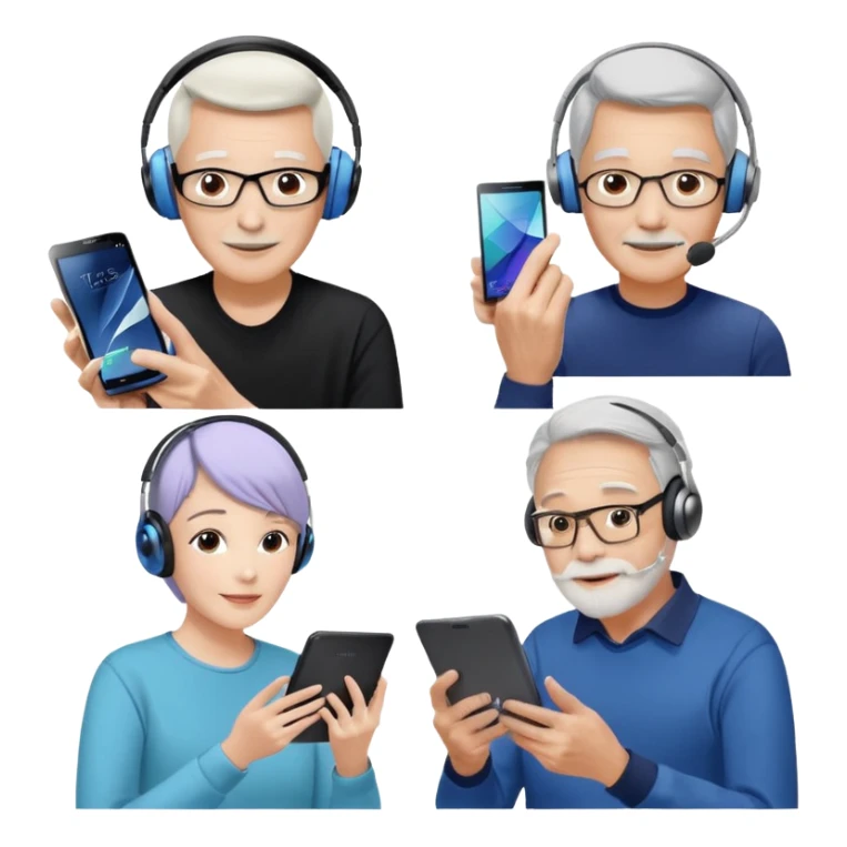 Please make it again in the style you just sent me. All devices should be Galaxy.
1. MZ users using headsets and watching youtube
2. A person holding a tablet in one hand and a smartphone in the other
3. Senior who enjoys looking at his cell phone
4. Creators working hard with Galaxy Tab + keyboard  sticker