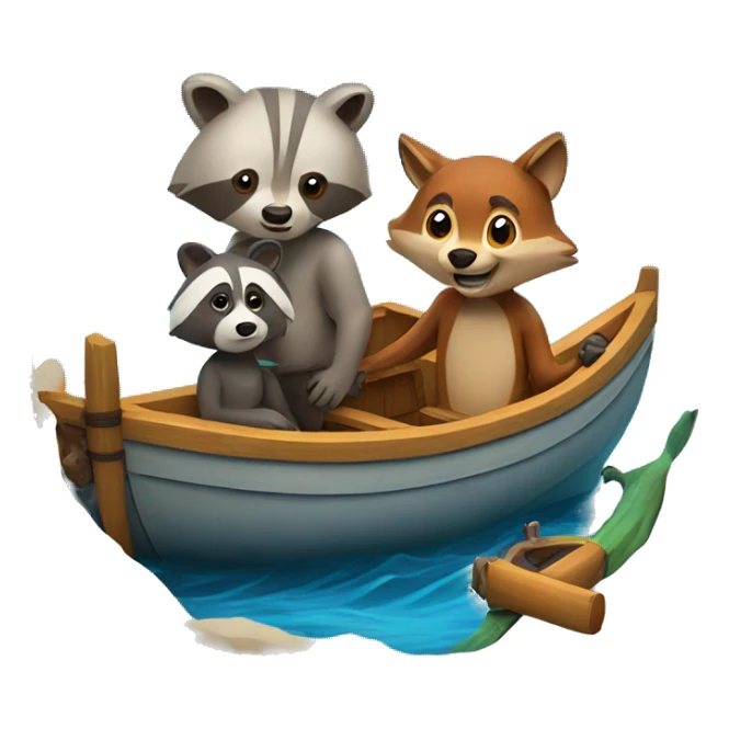 A boat with a racoon, a bear and a fox sticker