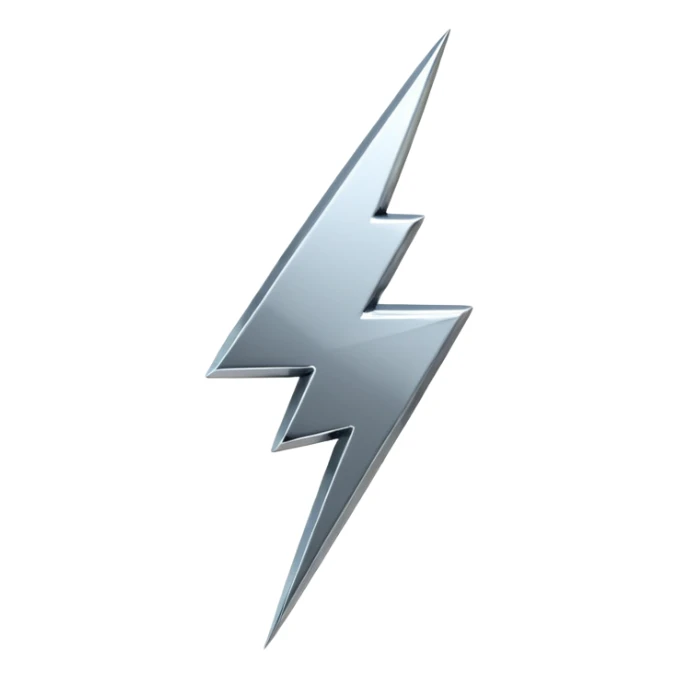 A lightning bolt emoji made of polished silver chrome, sharp yet rounded edges, glossy metallic surface, soft reflections, minimal futuristic design, iOS emoji style, centered, clean white background sticker