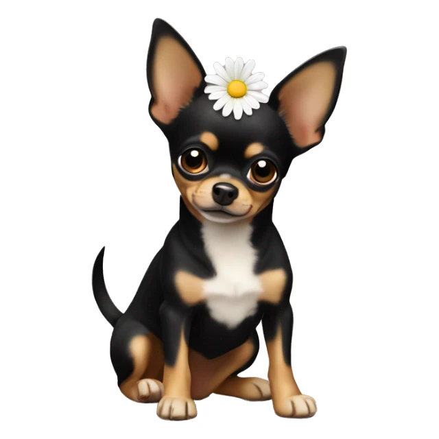 black and tan chihuahua with a daisy sticker