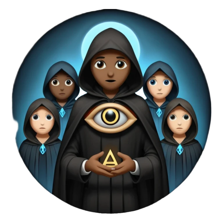 group of shadowy figures in a circle, one with an Illuminati eye symbol, secretive atmosphere sticker
