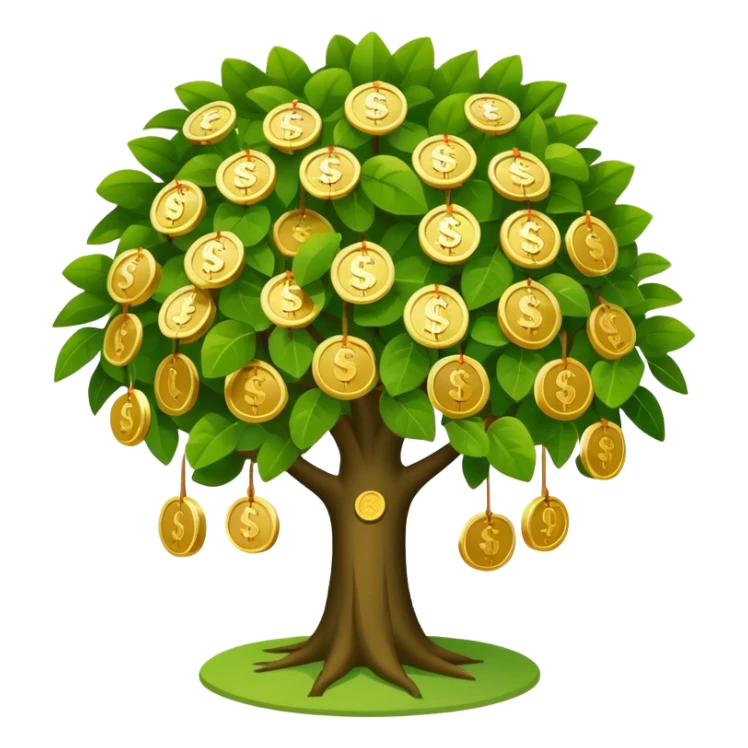 Apple-style money tree (not so mush coins), round soft green canopy.
No pot, no ground — only the tree.
Small gold coins as fruits inside the leaves (not below).
Flat 2D vector, clean shapes, no gradients.
Dark near-black background, premium fintech icon. sticker
