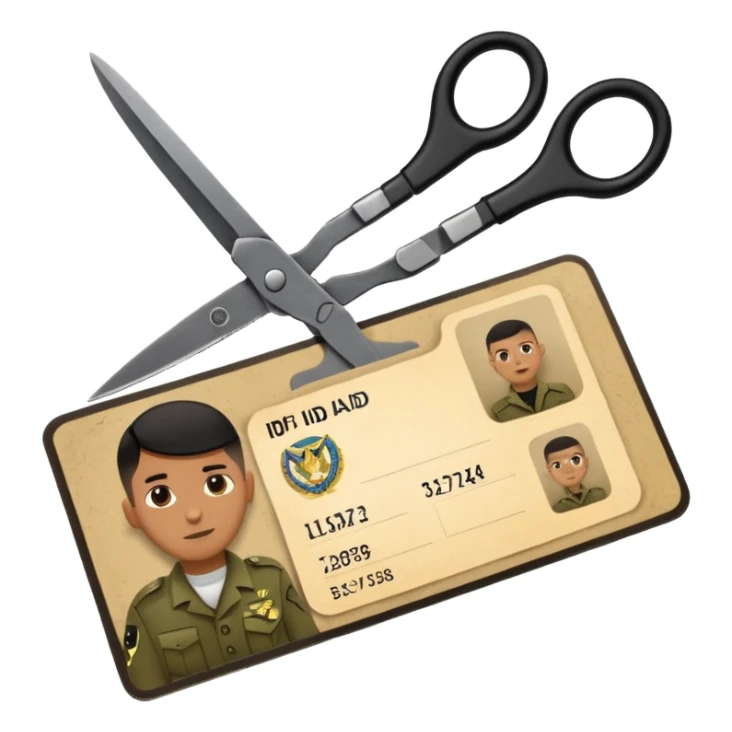 Floating black Scissors cutting in half an idf soldier ID card with a little chip in 2 parts sticker