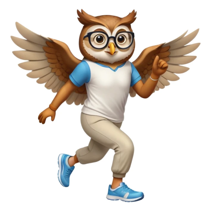 friendly anthropomorphised owl with visible wings, in pants and a shirt, wearing glasses, jogging upright, standard pose sticker