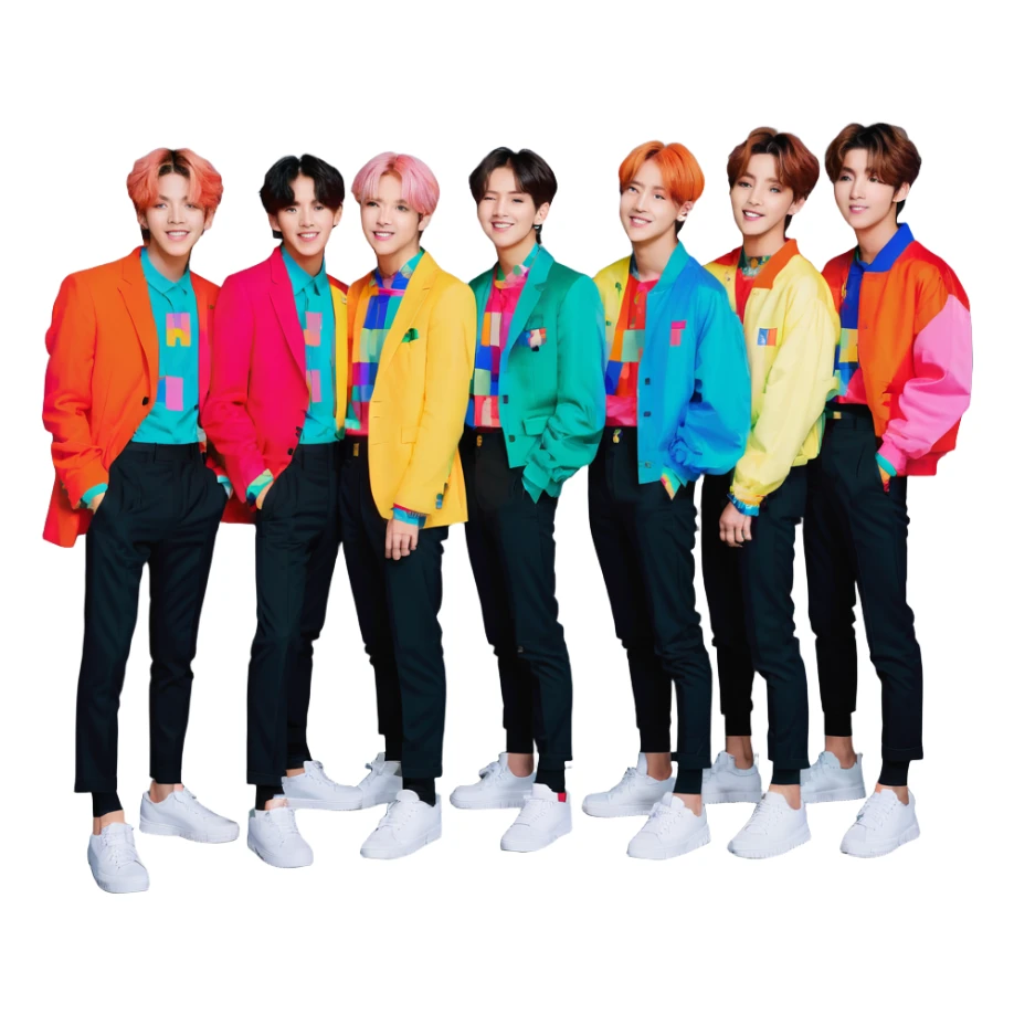 BTS emoji with all members, standing close, smiling, colorful outfits, minimal background sticker