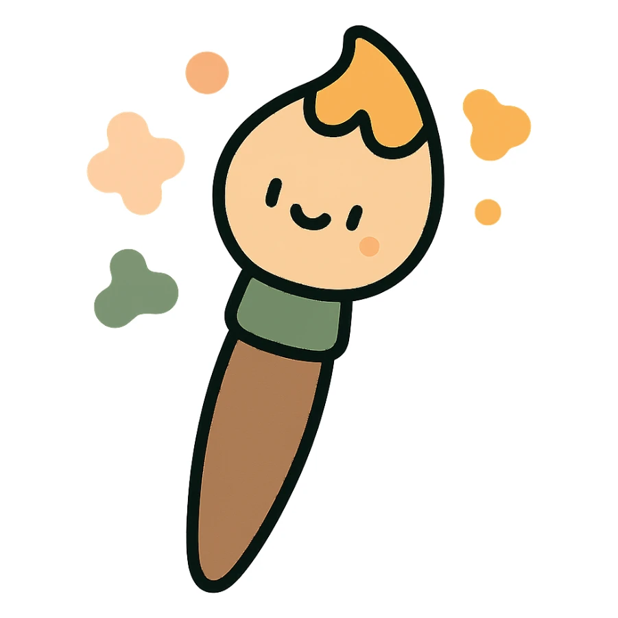 A cute and whimsical artist's paintbrush with a soft and cozy design, featuring a warm color palette: golden orange (FA9B41), deep forest green (4A7C5C), muted taupe brown (96775A), and pastel peach (FFCC9A). The brush has a delicate wooden handle in muted brown, with the bristles slightly fanned out, holding a touch of paint in shades of peach and orange. The tip of the brush is dipped in a soft golden hue, and tiny splashes of paint in the palette’s colors are gently scattered around. The overall mood is playful, artistic, and charming, evoking a sense of creativity and warmth. sticker