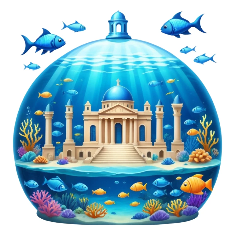 Atlantis underwater city with domed buildings, ancient Greek architecture, glowing blue energy crystal, surrounded by fish sticker
