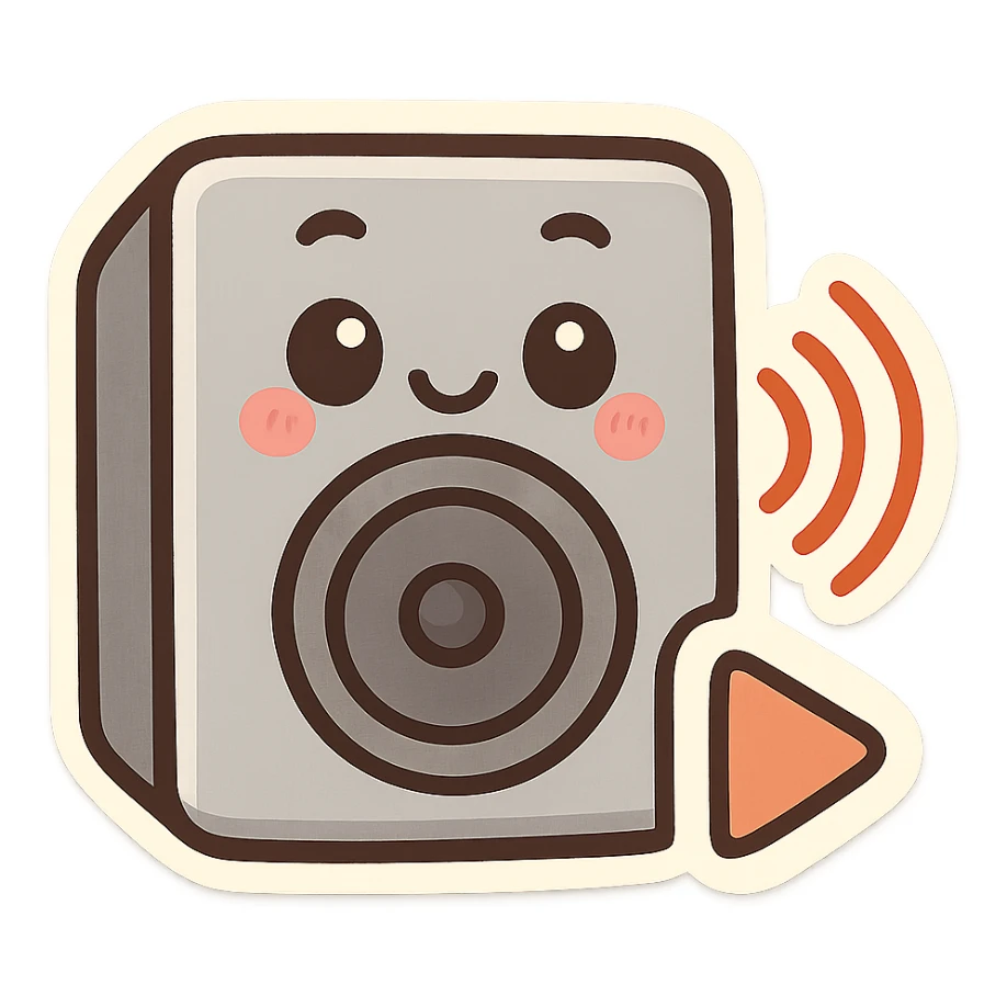friendly cartoon chibi stickers style speaker with waves and play icon sticker