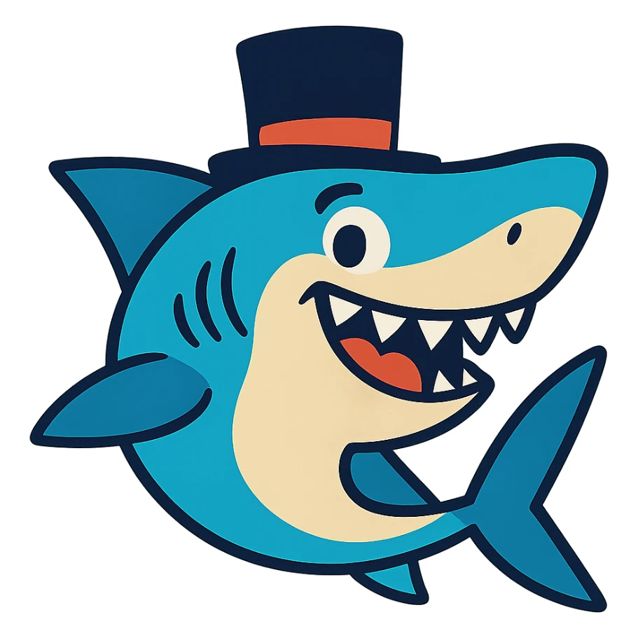 a fun and whimsical shark wearing a top hat sticker