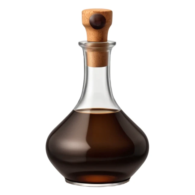 elegant glass bottle of balsamic vinegar, dark brown or ruby liquid, round or square base, slender neck, cork or metallic cap, dark glass with reflections, blank label optional, 3D clean style, transparent background sticker
