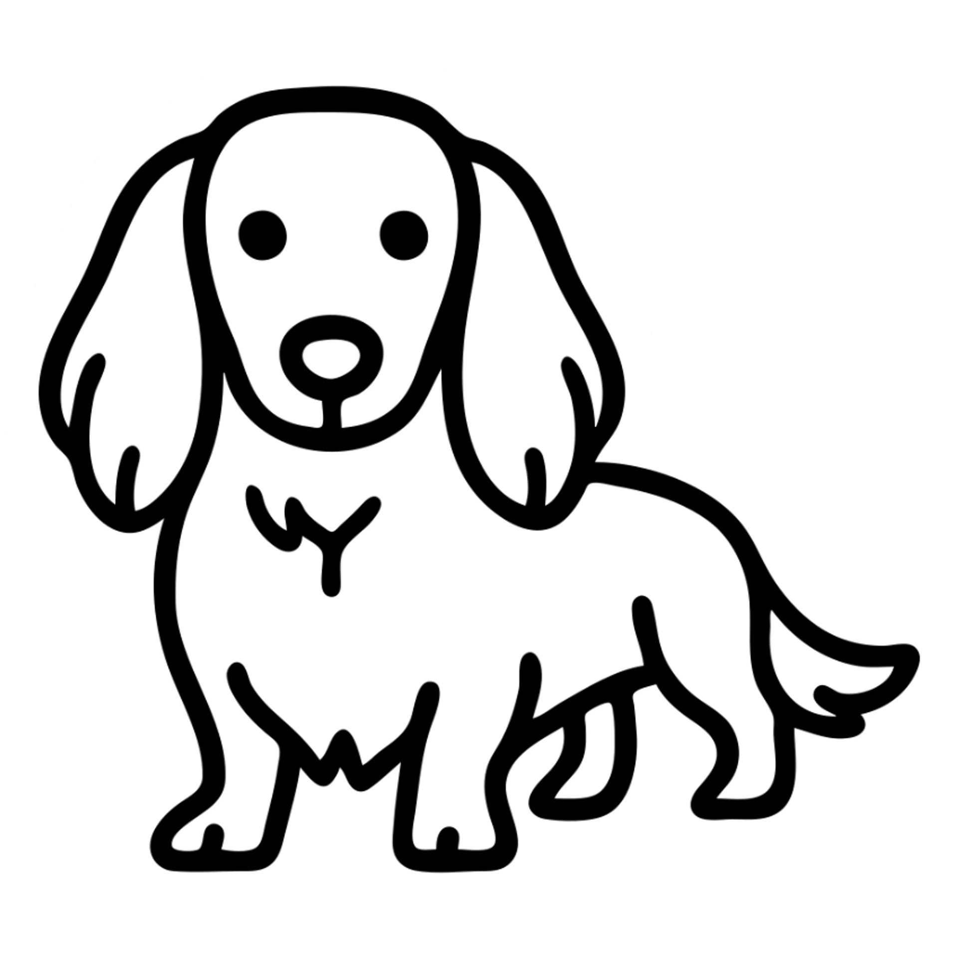 Draw a long-haired dachshund in a black and white line art style with clean outlines, no shading, and no background. sticker