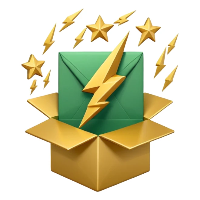 3D minimal open box with small floating icons coming out (envelope, lightning bolt, star), soft matte finish, deep green (#0B3D2C) box, gold (#C9B037) floating icons, Apple style, ultra clean and sleek, very soft ambient shadow, transparent background sticker