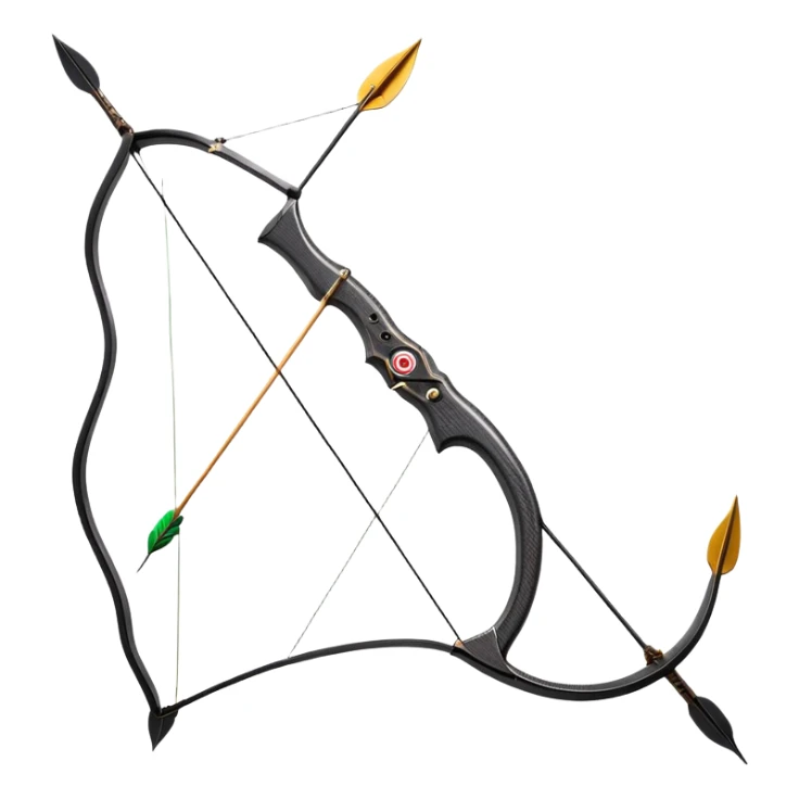 A professional recurve bow with an arrow nocked, ready to be released. The target features concentric rings, placed at a distance. The emphasis is on the bow, arrow, and target, highlighting the precision, focus, and skill involved in competitive archery. sticker