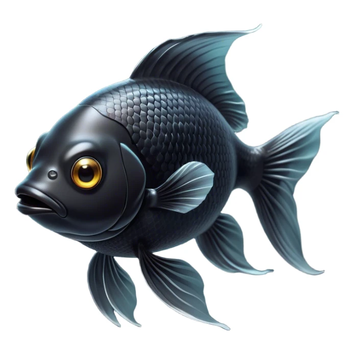 Cinematic Noble Black Goldfish Portrait Emoji, Poised and regal, with a sleek, streamlined build and a lustrous, deep black body, deep-set soulful golden eyes, Simplified yet sharp and sophisticated features, highly detailed, glowing with a soft, dignified glow, high shine, intelligent and graceful, stylized with an air of aquatic elegance, focused and attentive, soft glowing outline, capturing the essence of a watchful and confident aquatic companion, so majestic it feels as though it could glide out of the screen with effortless authority! sticker