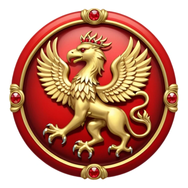 Golden griffin crest / brosch in a circle with red gems and no background sticker