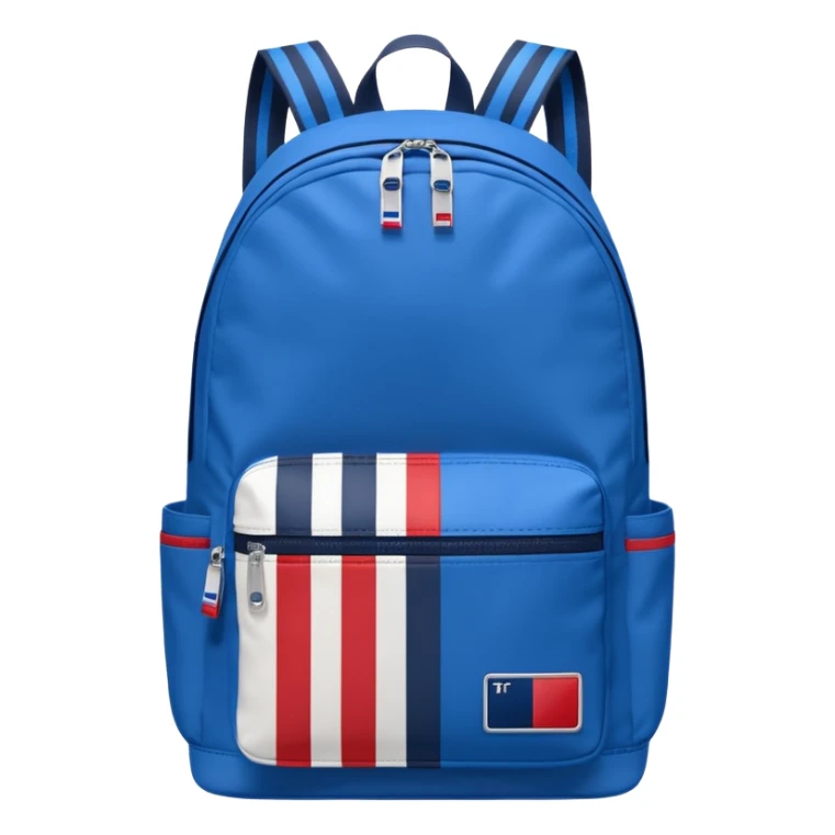 simple blue backpack, at the bottom pocket there is a  one tommyjeans logo featuring a Tommy Jeans-inspired logo. The logo looks like a vertically-flag in red, white. The flag stripes are vertical, not horizontal. Flat

 sticker
