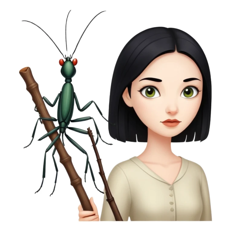 beautiful pale woman with black hair next to stick bug sticker