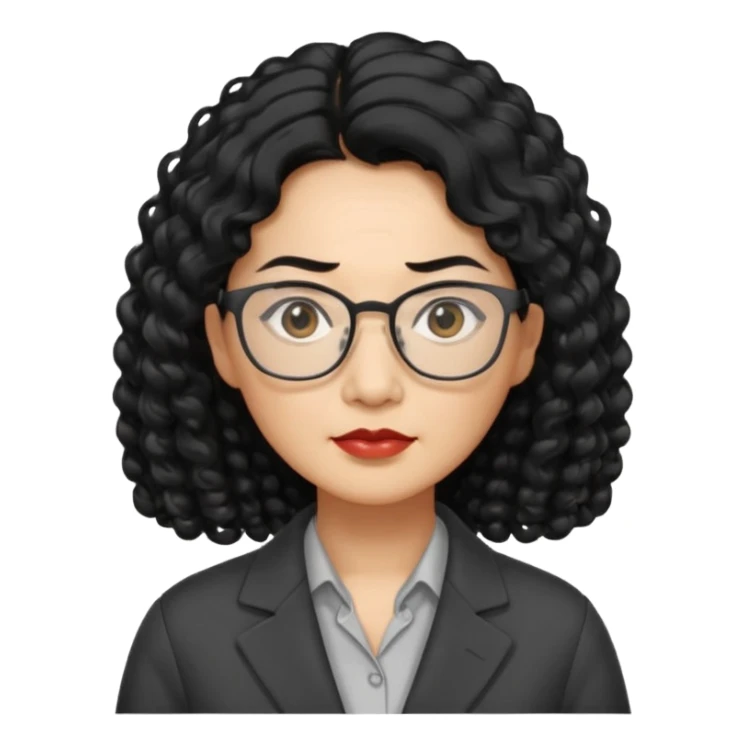 middle-aged Asian woman, long curly hair, small rectangular metal glasses, serious, manager style sticker