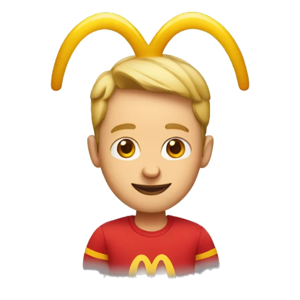 guy with big ears wearing red shirt with mcdonalds symbol sticker