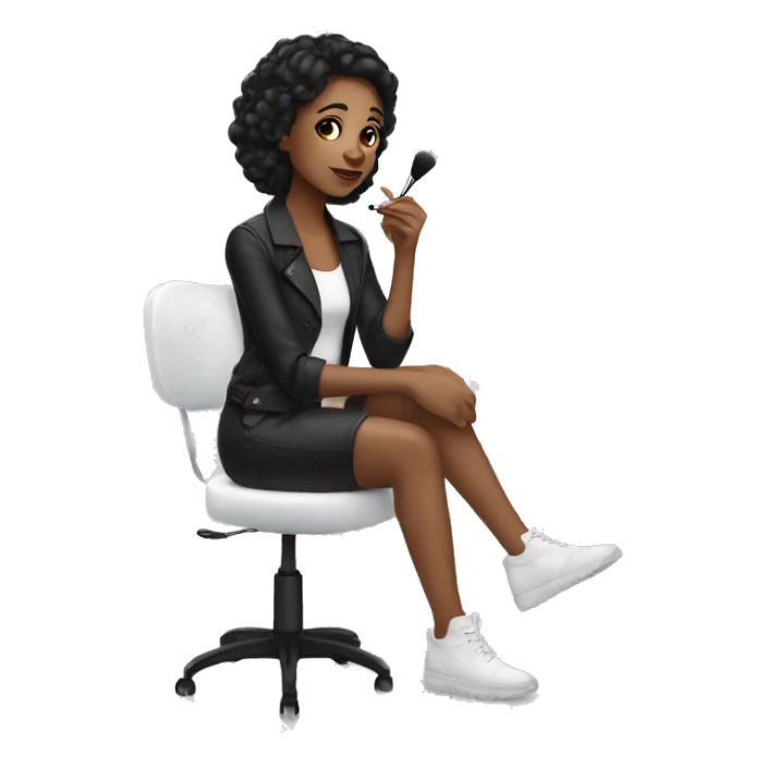 White black haired girl sitting at a white vanity getting ready using her makeup  sticker