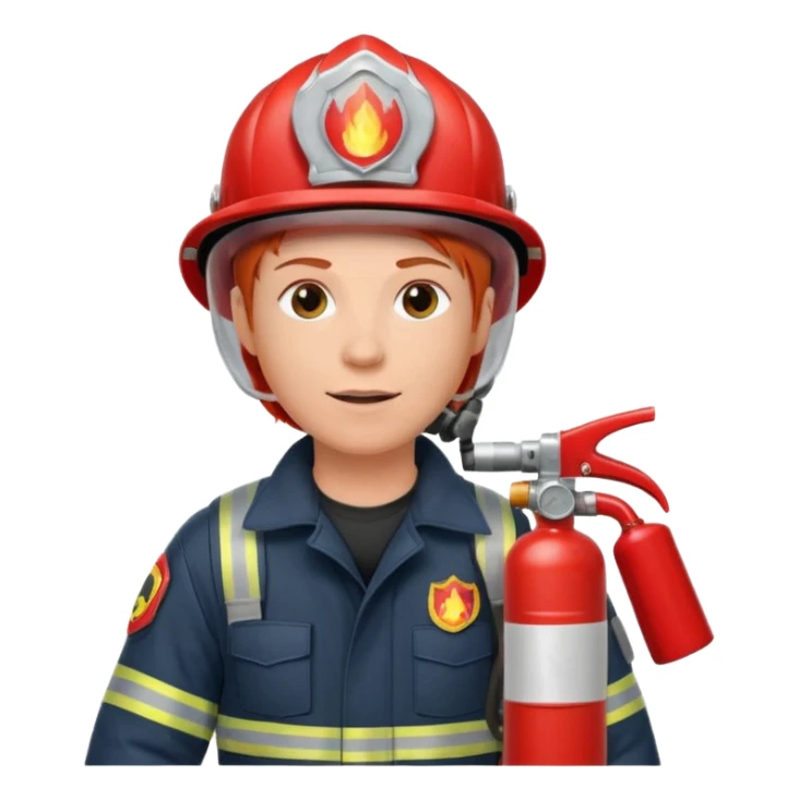 red haired Firefighter with respiratory protection with fire extinguisher sticker