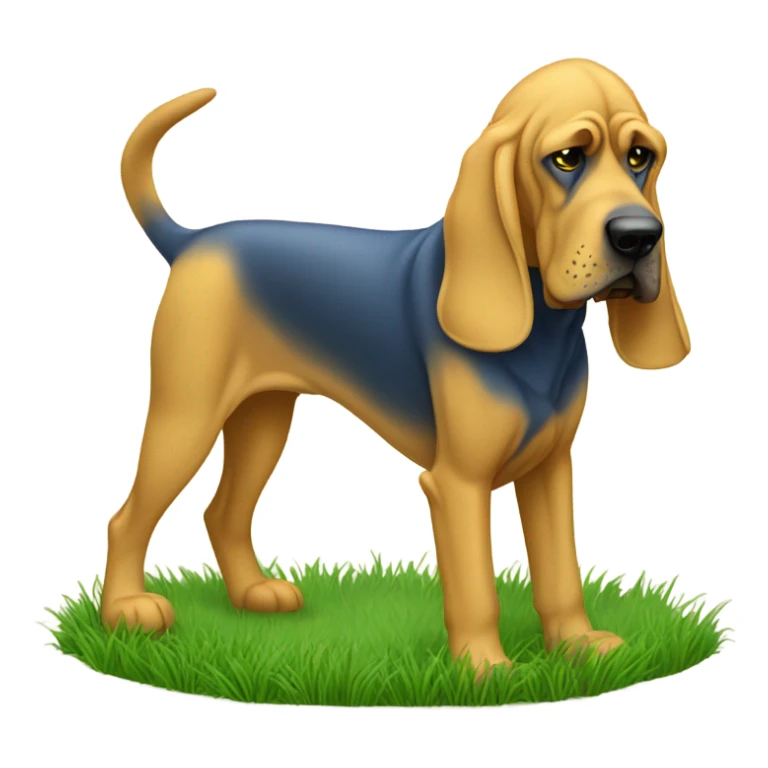 blue and yellow bloodhound sniffing the grass.  sticker