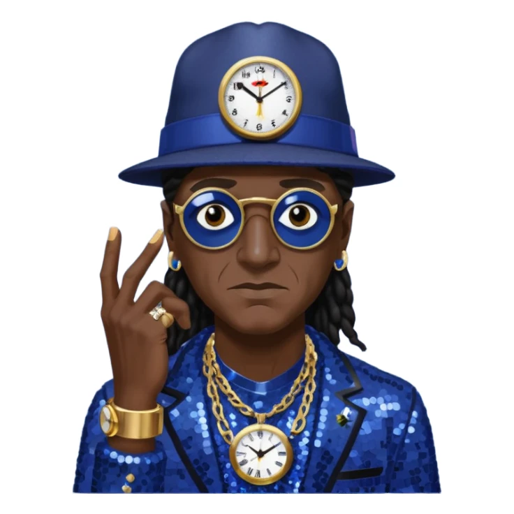 Flavor Flav with dark brown hair, indigo sequin outfit, black hat sticker