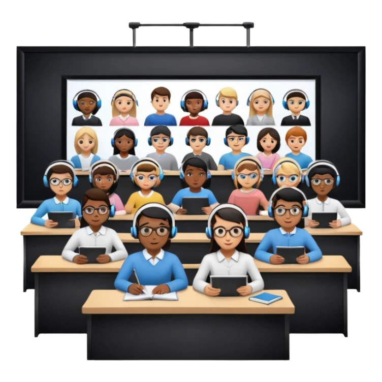 Birdseye view of large study space with students working separately add students wearing Vision Pro headsetd sticker