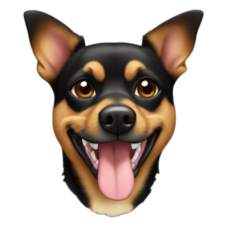 black and brown mutt dog with mostly german shephard head but larger chihuahua eyes with large overbite with left upper sharp canine tooth crooked and sticking out of mouth sticker