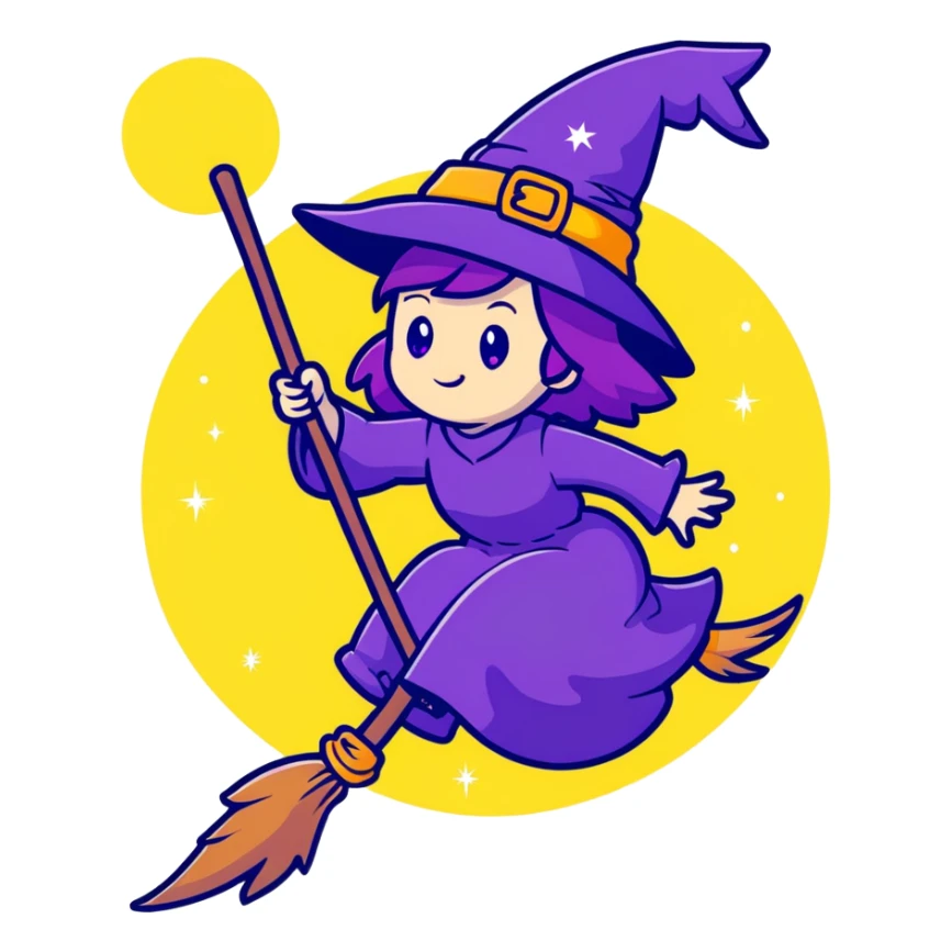 cute witch with purple hat flying on a magical broom with sparkles sticker