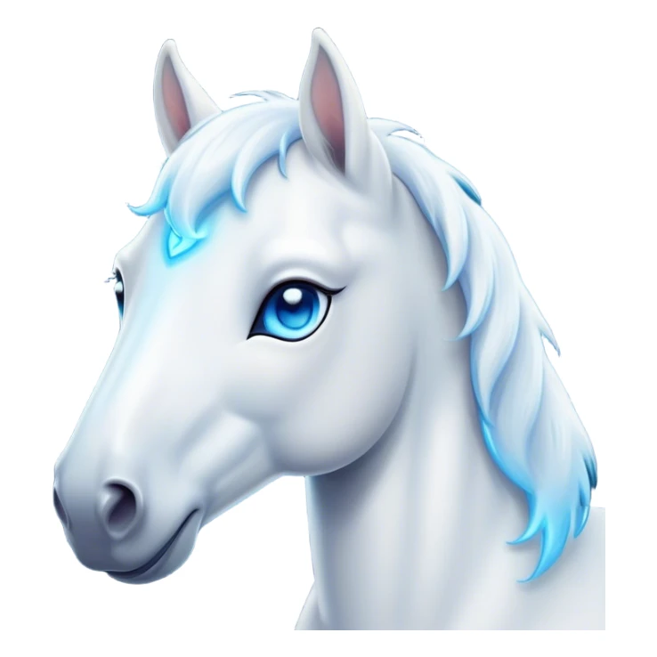 Cinematic Cute White Horse Portrait Emoji, Head tilted playfully and inquisitively, showcasing a glossy white fur with a luminous sheen and gentle, expressive blue eyes, Simplified yet irresistibly adorable features, highly detailed, glowing with a warm, friendly glow, high shine, affectionate and spirited, stylized with a touch of whimsy, bright and endearing, soft glowing outline, capturing the essence of a mischievous yet loving horse, so playful it feels like it could prance out of the screen and into your arms! sticker