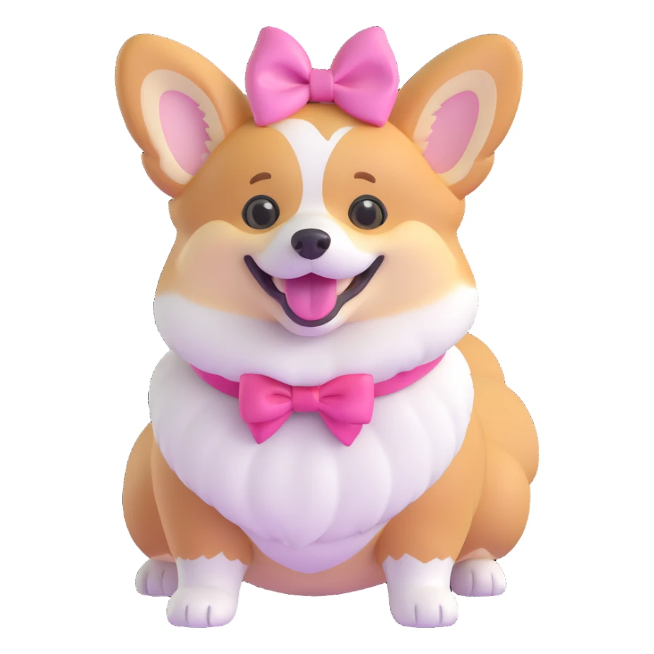female corgi with pink bow on head, cheerful expression, fluffy fur sticker