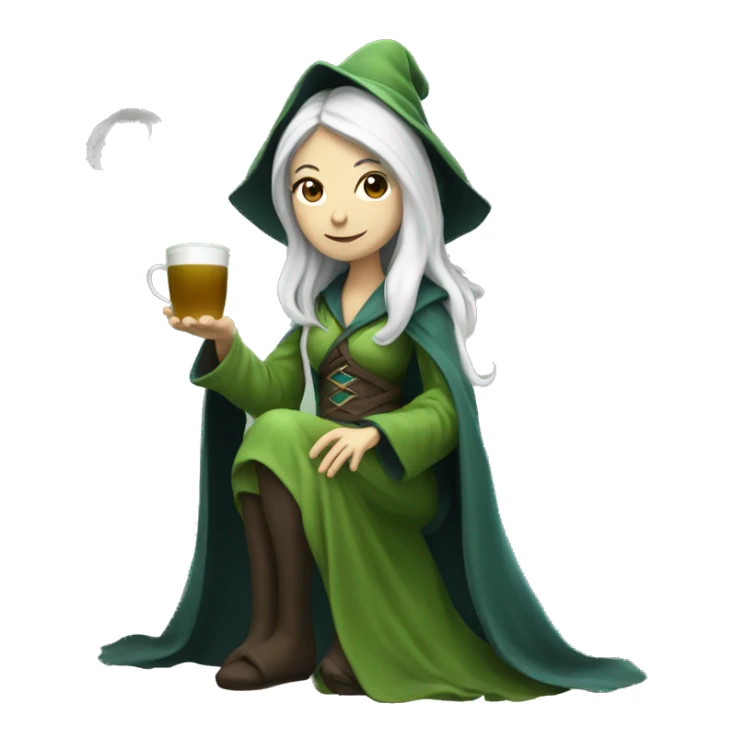 a female wizard with a white beard drinking matcha tea. Her full body is shown sticker