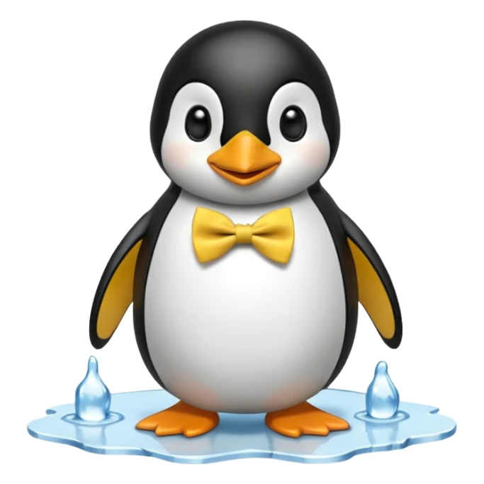 penguin, yellow bow tie, standing on small ice melting block sticker