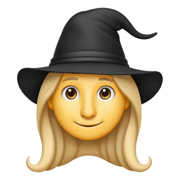 emoji character with prominently long nose, long hair, black hat, slight smile sticker