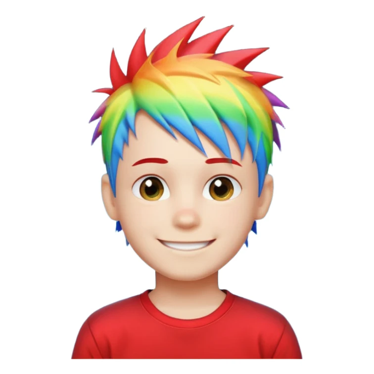 Boy with rainbow streaks — short spiky hair glowing under light, red T-shirt sticker