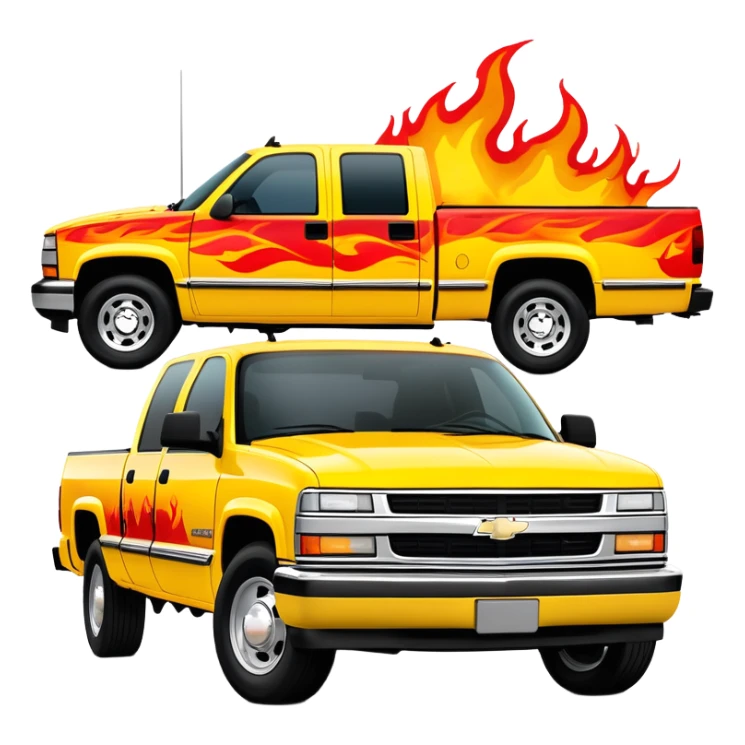 Yellow 1997 Chevrolet C-2500 Crew Cab with vibrant airbrushed red flame artwork flowing dramatically across hood and front, highly detailed fire pattern, Kill Bill movie vehicle, 30-degree view, iOS emoji style sticker