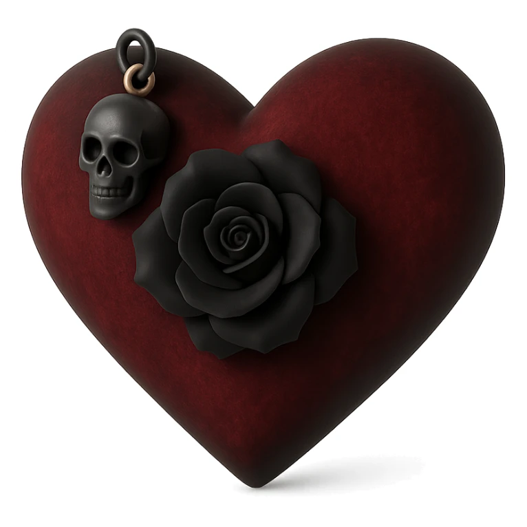 gothic heart in 3D black style, dark crimson velvet texture, silver skull charm, black rose center, lush and gothic sticker