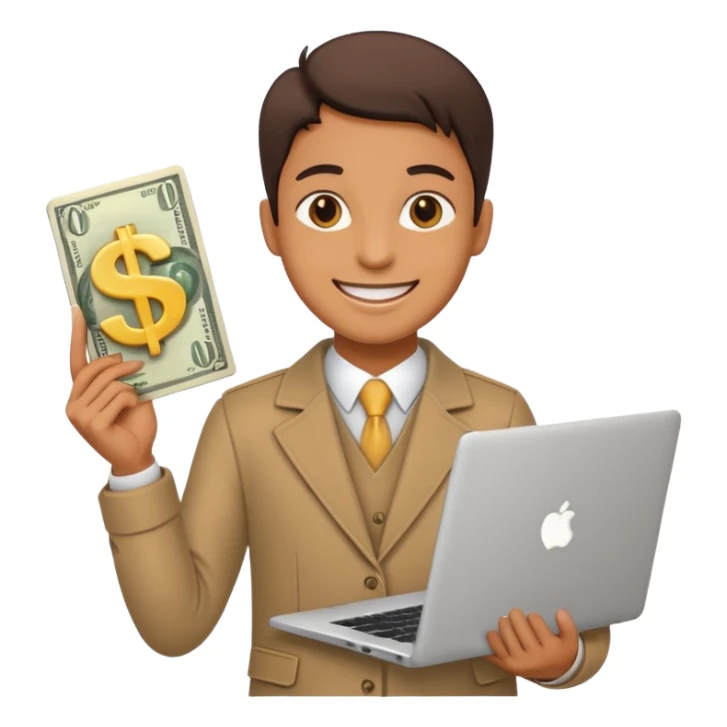 A confident person holding a laptop and dollar sign emoji sticker