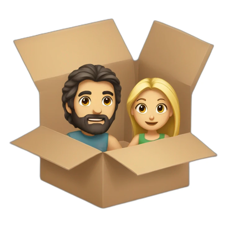 Dark hair girl and blond bearded guy in moving box sticker