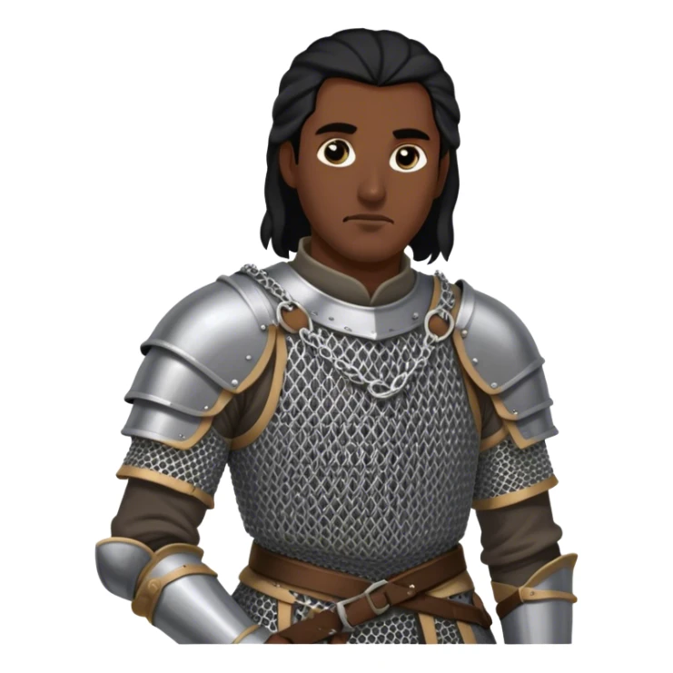 medieval battle armor worn by a DnD themed fantasy character. basic iron-plated brigandine over a chainmail hauberk. armor only above the waist. The armor full waist. The character's haven't arms. character is black hair gray eyes long tied-back hair dark-skinned man. sticker