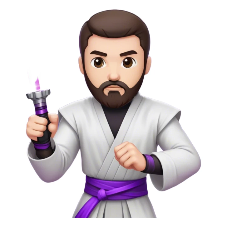 white man with dark brown beard and goatee  standing in a fighting pose holding a purple lightsaber  sticker