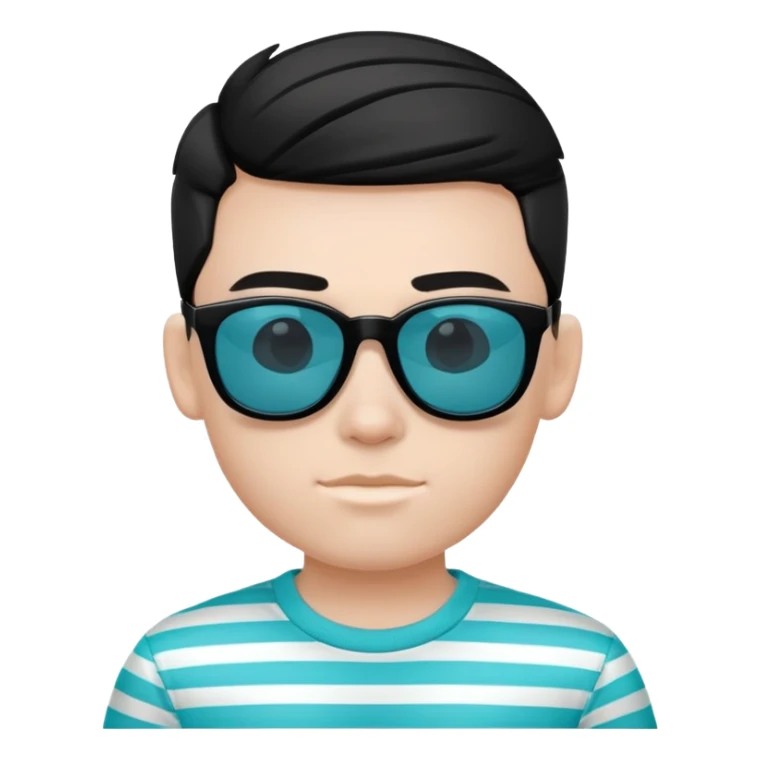 A cartoon boy wearing a shirt that is cyan with black horizontal stripes and wearing black and white sunglasses sticker