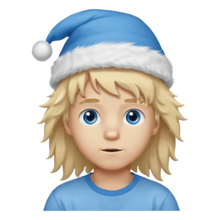 create boy blonde hair long messy, light eyes, white t shirt, rich, long hair, eyes blue, acessory head cristimas blue hat, long hair, fluffy hair sticker