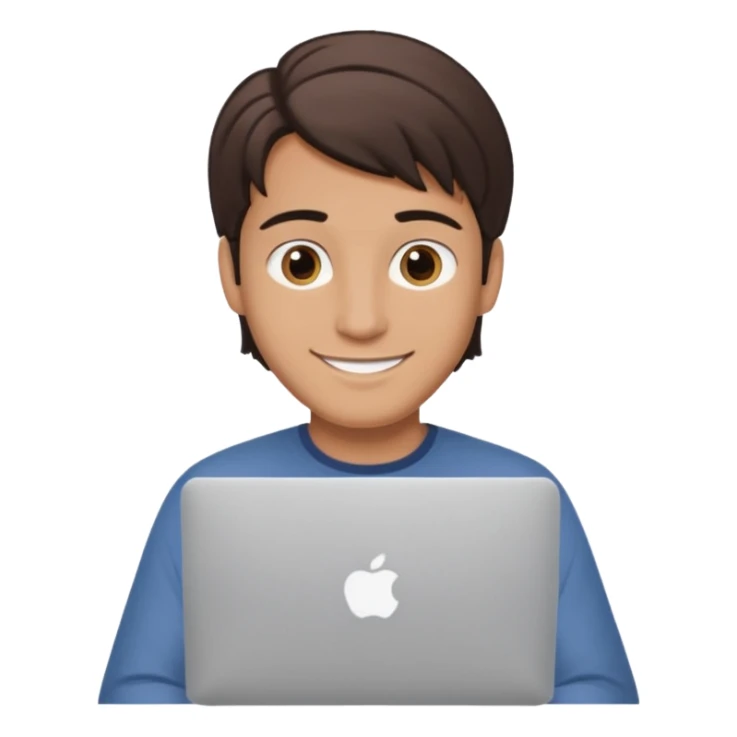 A man in his mid 20s, middle part average dude with slightly droopy eyes, happy, using a MacBook (no logo), hero for an iOS developers website sticker