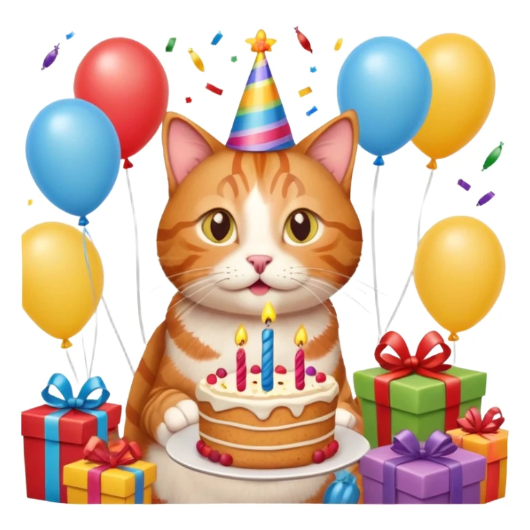 Ginger tabby cat celebrating birthday, birthday hat, birthday cake, balloons, happy, gifts sticker