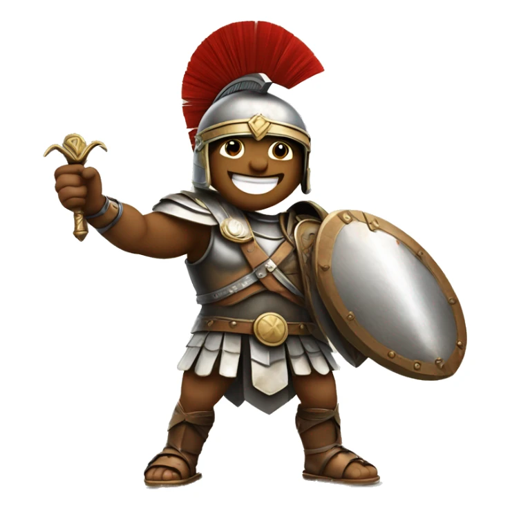 A triumphant gladiator, wearing a helmet and wielding a sword, making a "V" sign with his fingers to symbolize victory and success. sticker