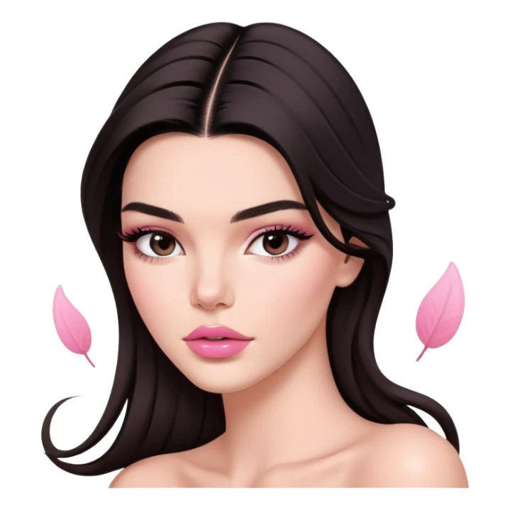 Kendall Jenner model, elongated face, long flowing dark hair, pink glossy lips, pink blush on cheeks, bare shoulders sticker