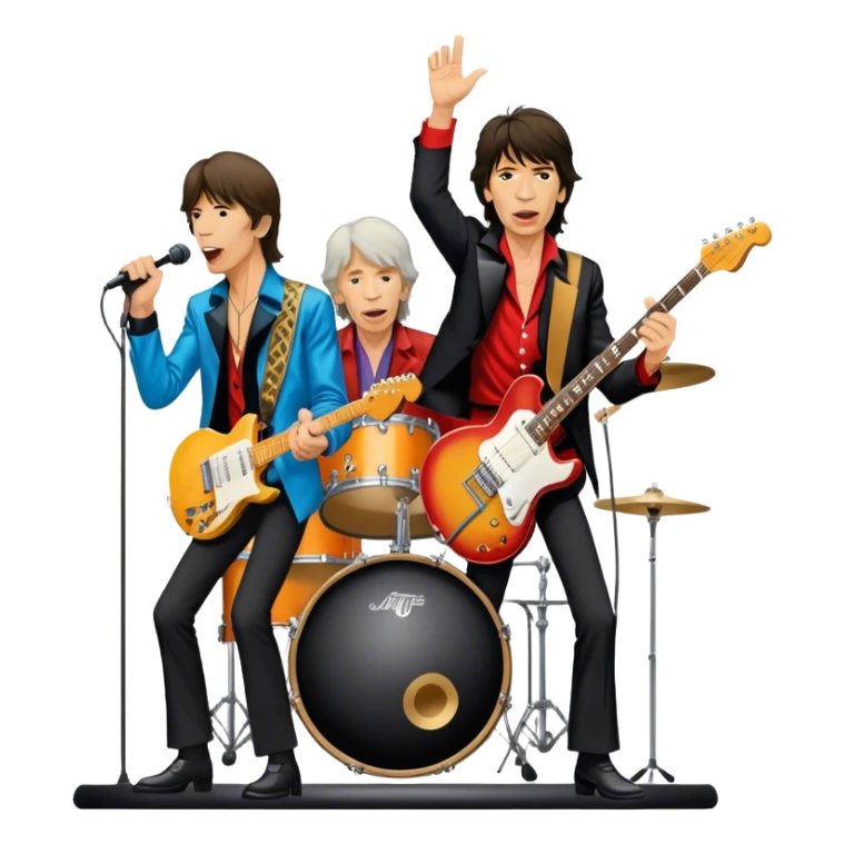 Icon for Rock Music: The Rolling Stones live on stage with Mick Jagger performing vocals, Keith Richards playing guitar, and Charlie Watts on drums. Iconic stage lights, electric guitars, and energetic crowd. Transparent background. sticker