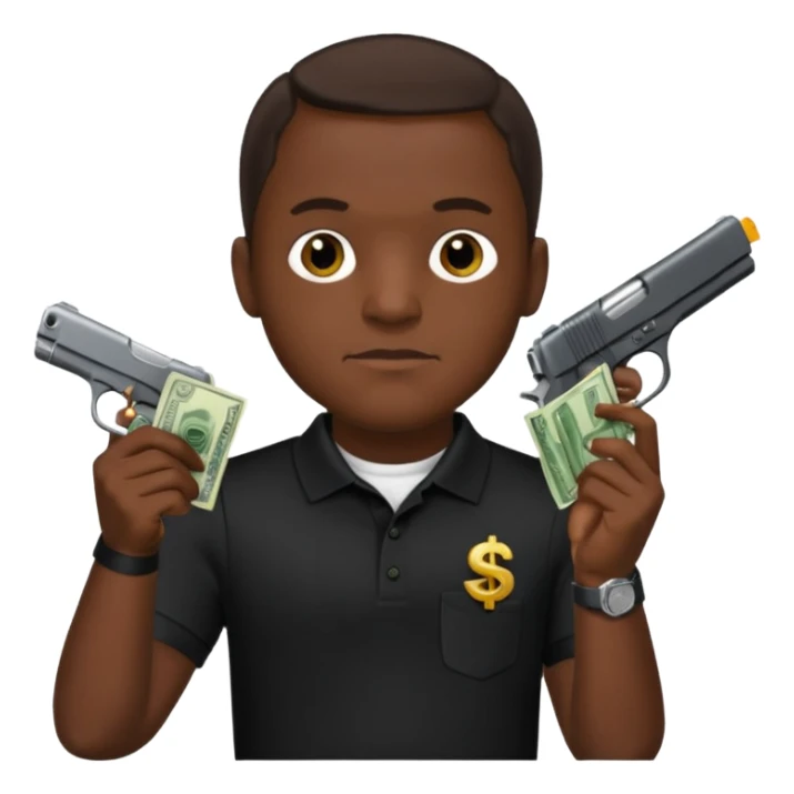 franklin saint from snowfall perhaps holding money and gun but he is with a black polo shirt sticker